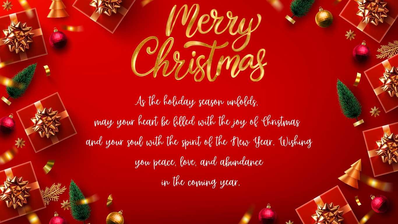 Red Christmas greeting card with golden text and holiday message