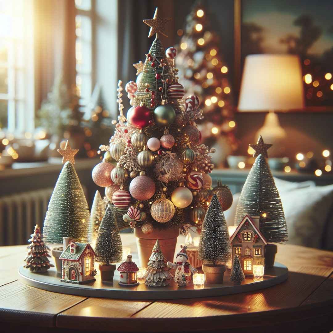 Miniature Christmas tree and village scene on a round table with festive lights.