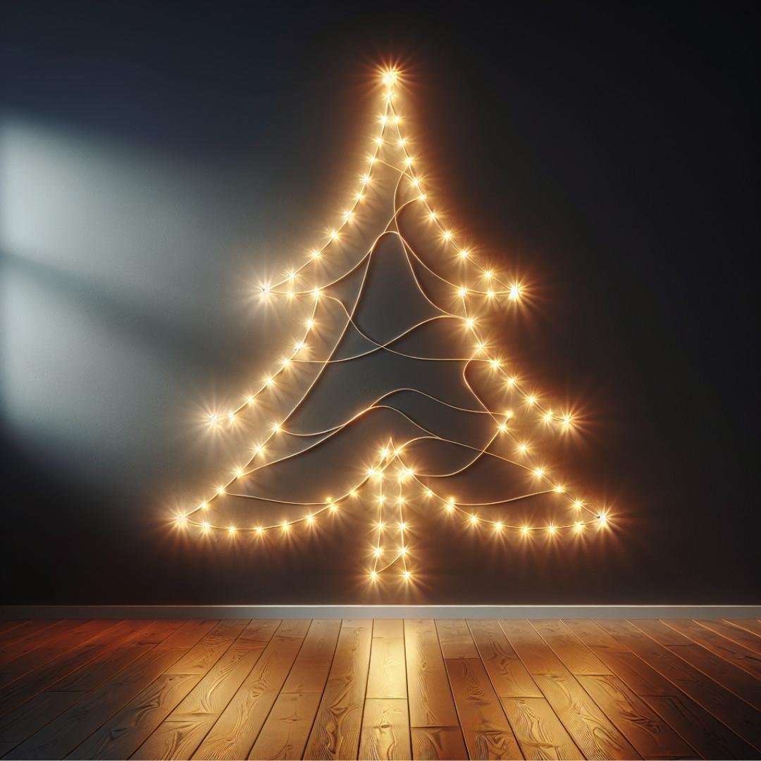 Minimalist Christmas tree design made of string lights on a dark wall.