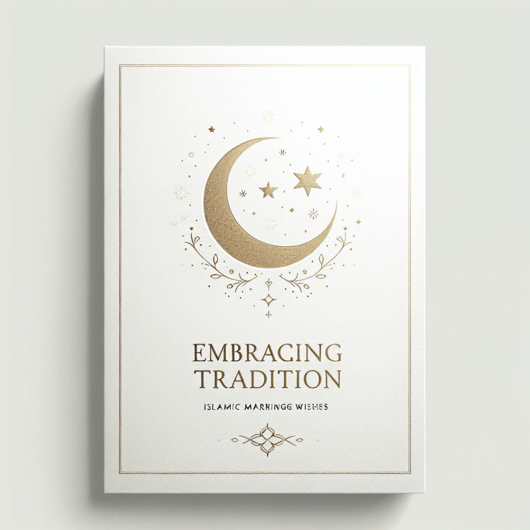 Minimalist Islamic card: A minimalist Islamic marriage card with simple typography and gold crescent motifs, conveying purity and Islamic marriage wishes.