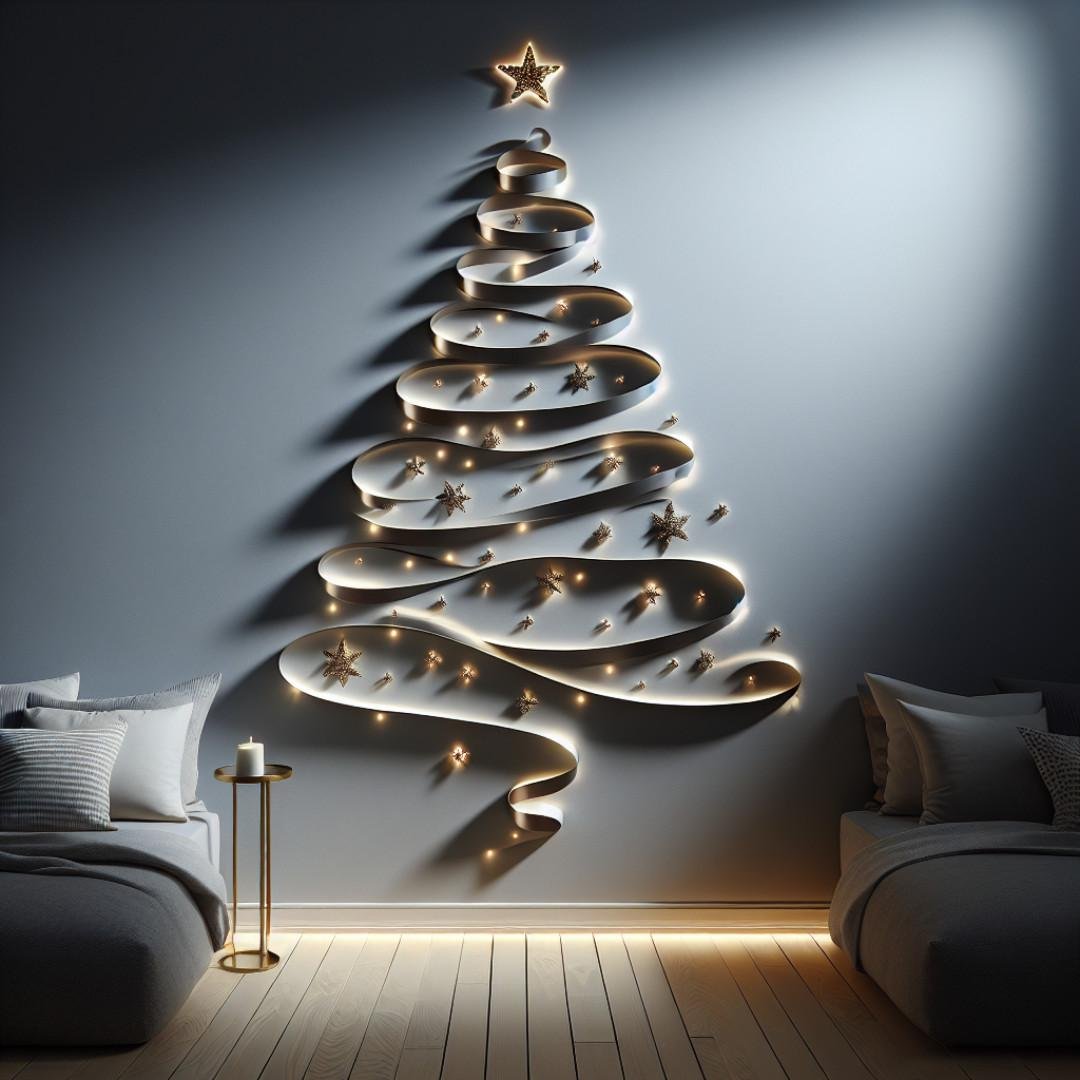 Minimalist wall-mounted Christmas tree made with a ribbon and lights.