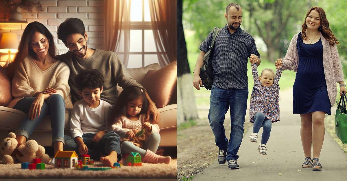 Loving moments of parents with children at home and outdoors