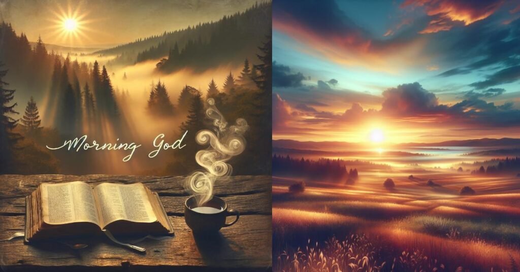 Good morning God quotes with sunrise, Bible, and peaceful morning devotion