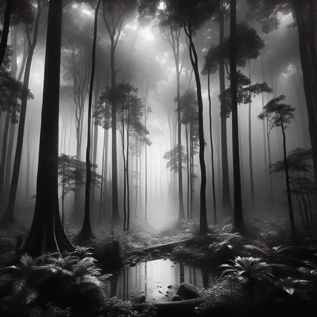 Black and white photo of a winding forest path through tall trees