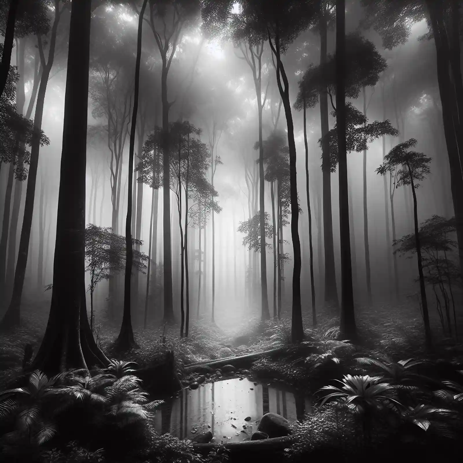 Black and white photo of a winding forest path through tall trees
