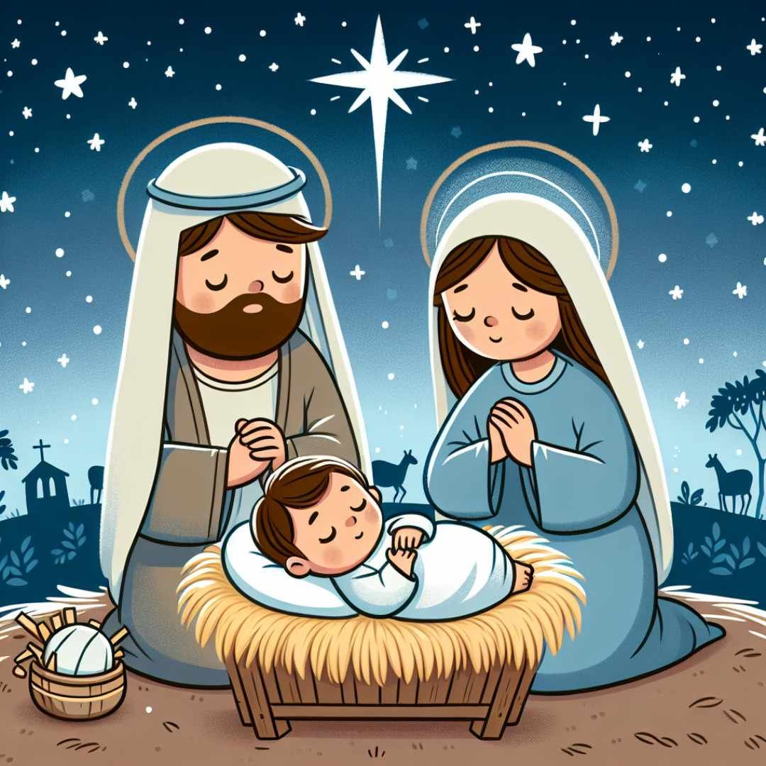 Cartoon nativity scene with baby Jesus, Mary, and Joseph under starry sky
