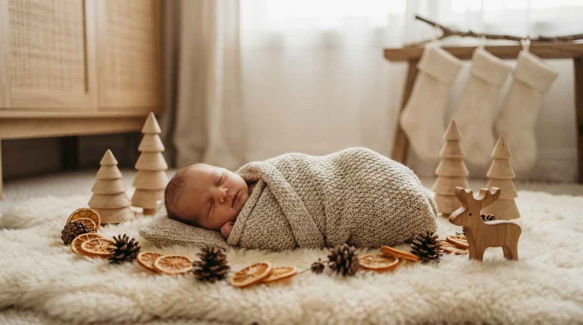 Minimal neutral Christmas newborn photoshoot aesthetic