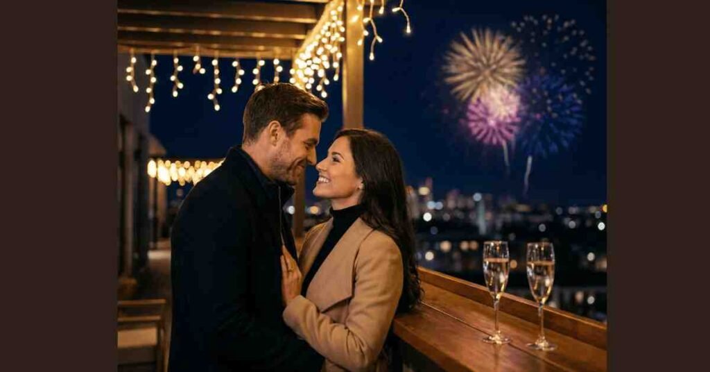 Elegant New Year celebration with a couple on a rooftop, champagne glasses and fireworks in the background.