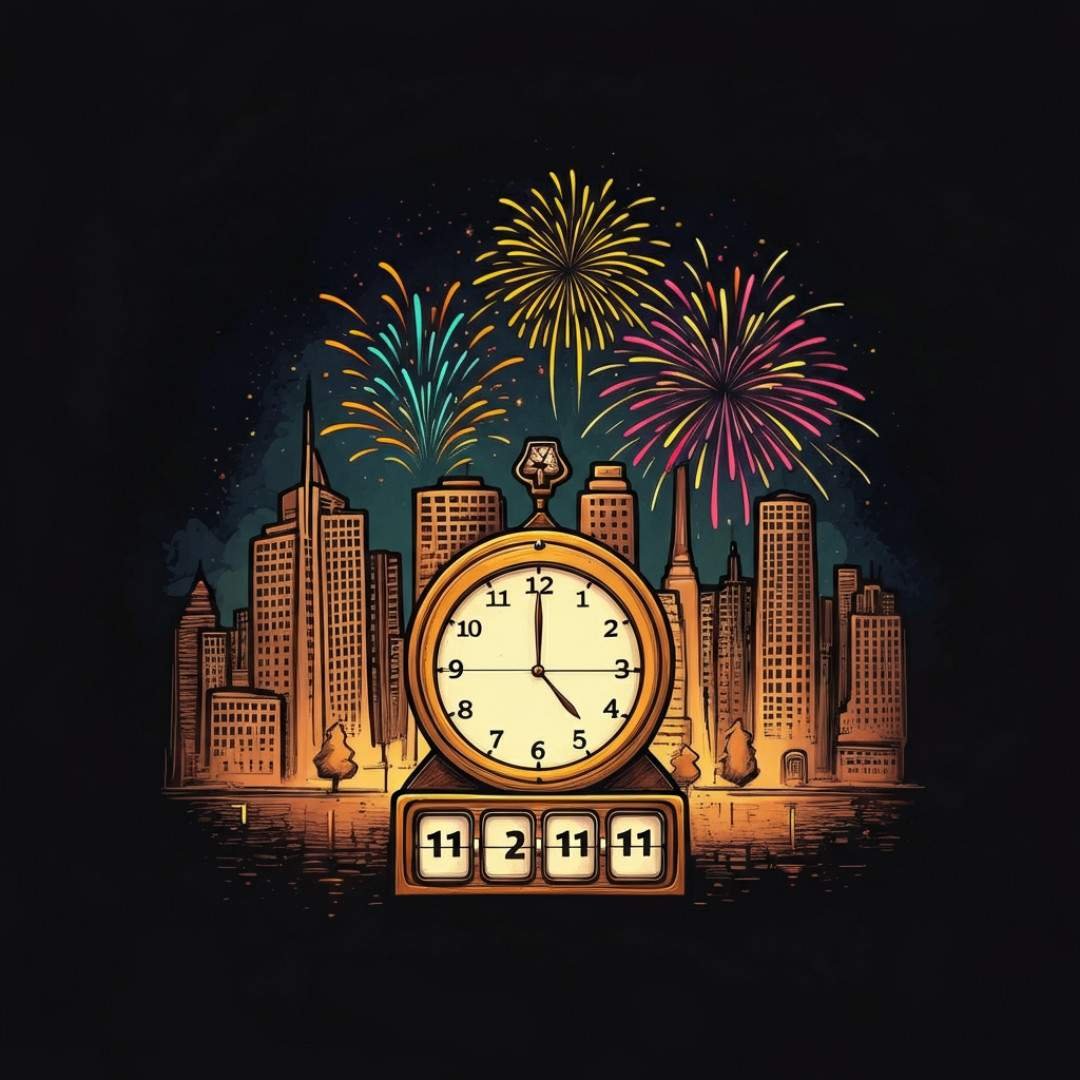 City skyline with fireworks and a clock striking midnight for New Year