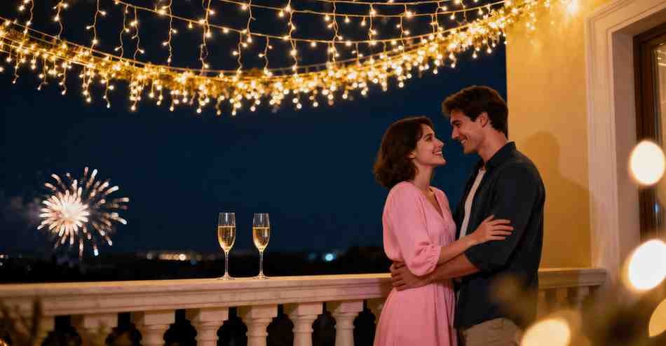 Romantic New Year celebration with a couple under fairy lights and fireworks, perfect for New Year wishes for girlfriend