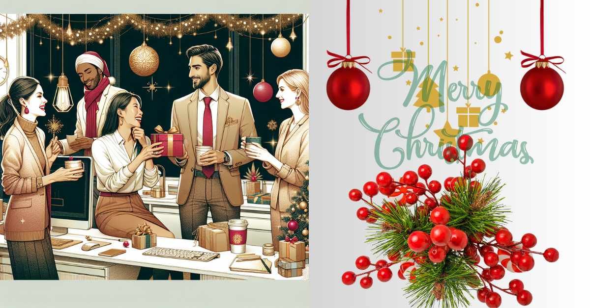Professional Christmas celebration with colleagues exchanging gifts and holiday greetings