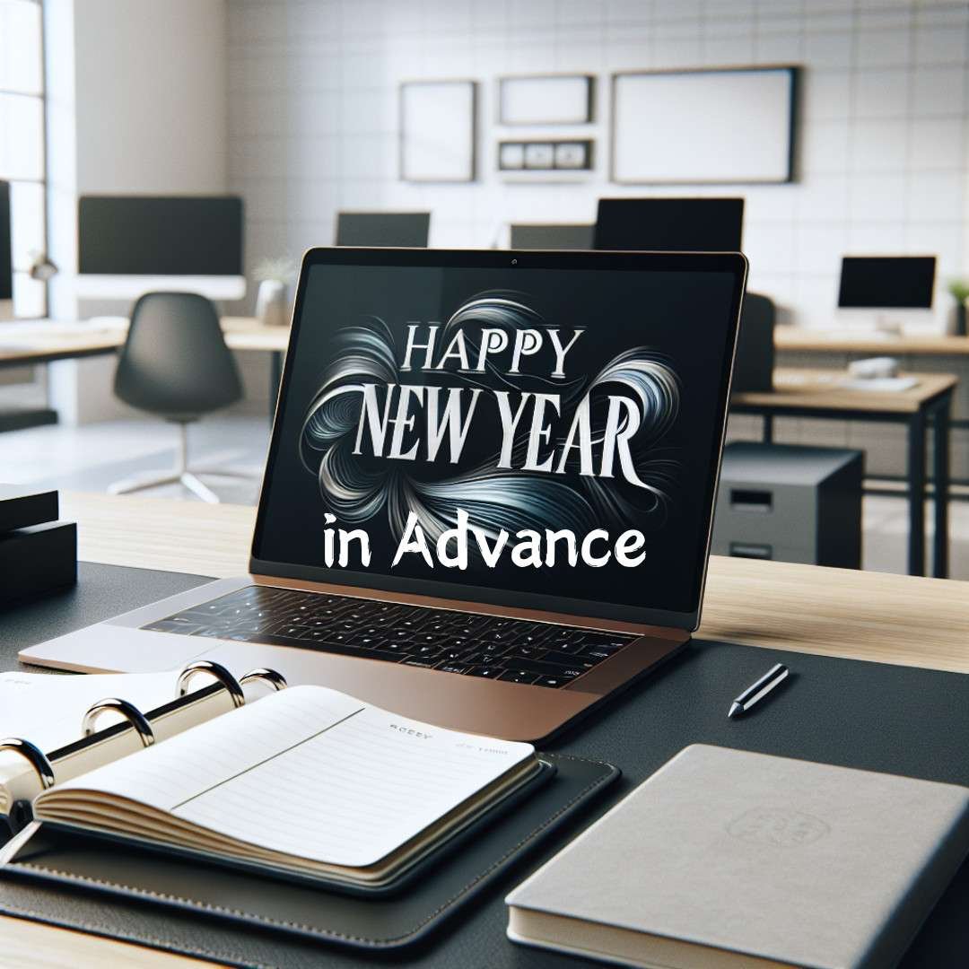 Office desk with laptop displaying “Happy New Year in Advance” greeting