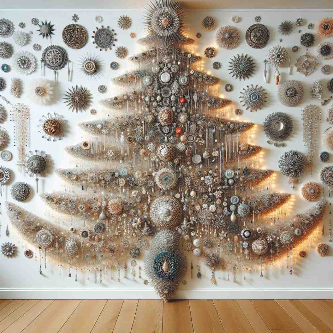 Christmas tree design on a wall made entirely from ornaments and decorations.