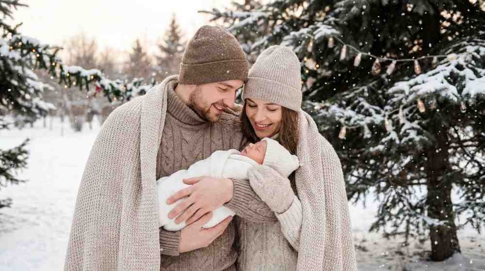 Outdoor snowy Christmas newborn photography