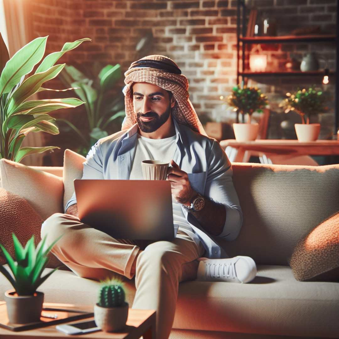 Man in traditional attire working alone on a laptop at home with coffee