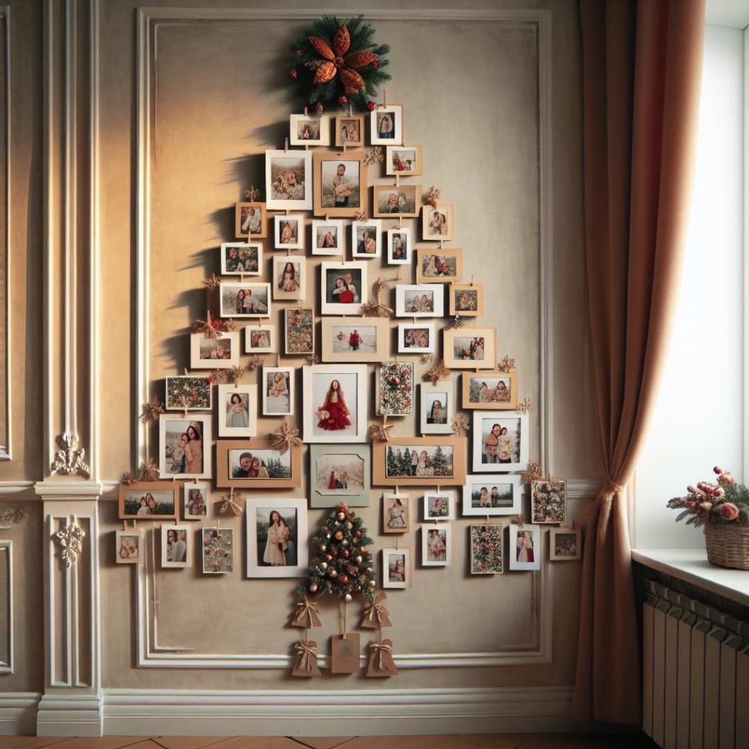 Christmas tree shape created using photo frames on a wall.