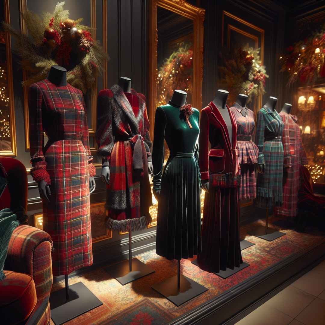 Mannequins wearing plaid winter holiday outfits in a festive boutique setting