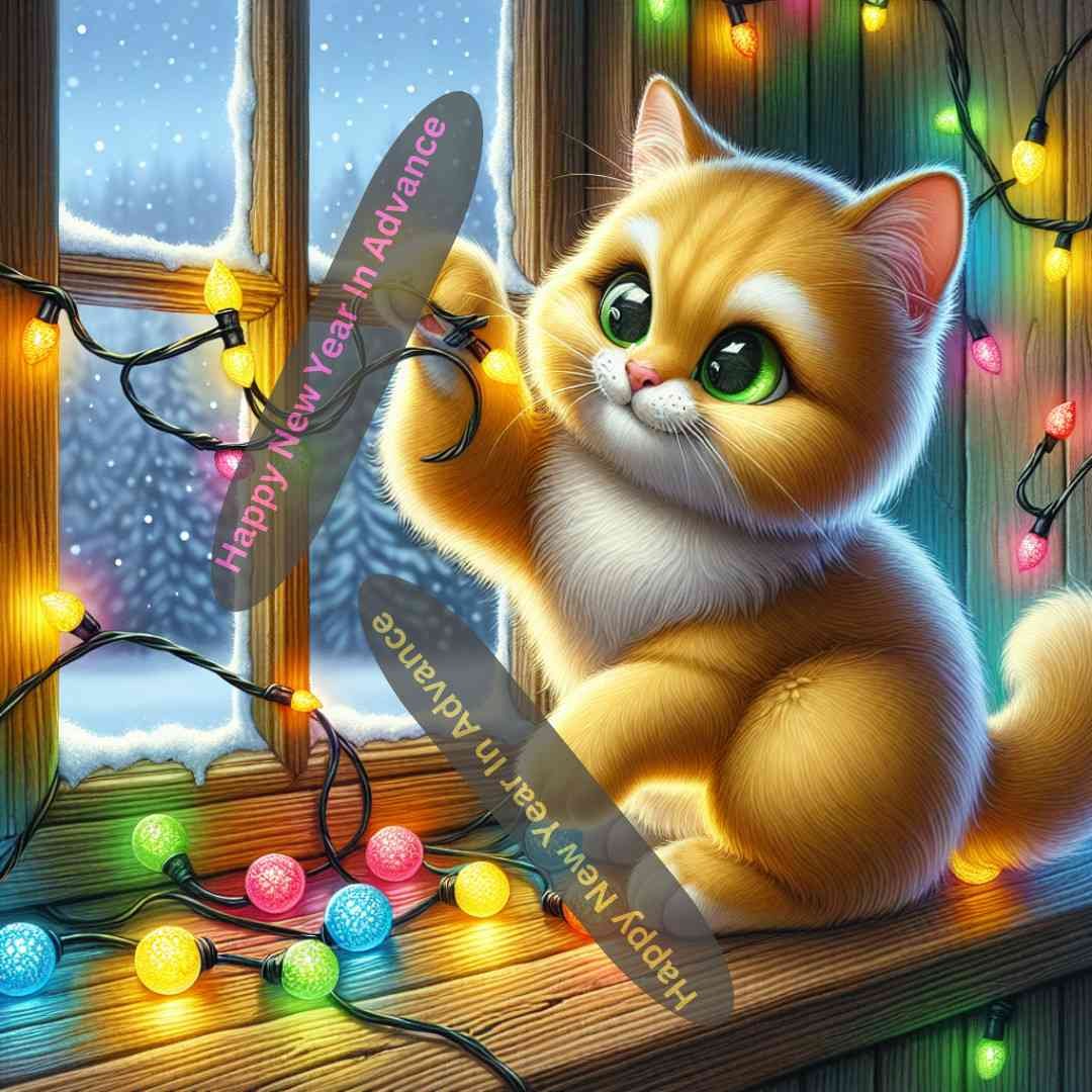 Adorable kitten playing with New Year lights for advance festive sketching