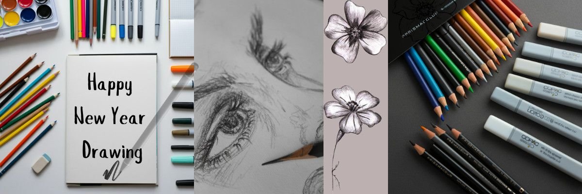 Pencil sketch of a human eye with hand-drawn flower illustrations on the side