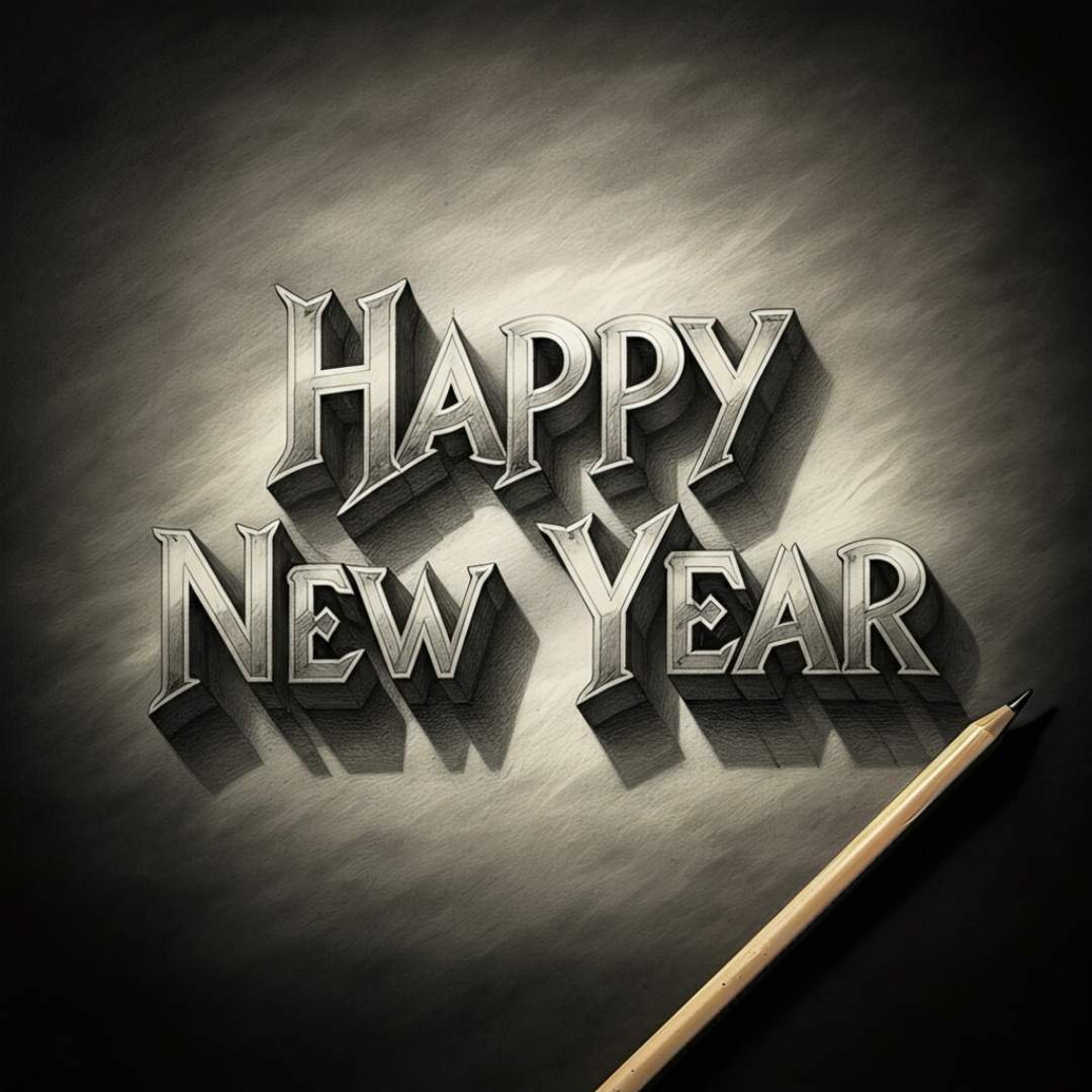 Pencil sketch style Happy New Year text on textured background