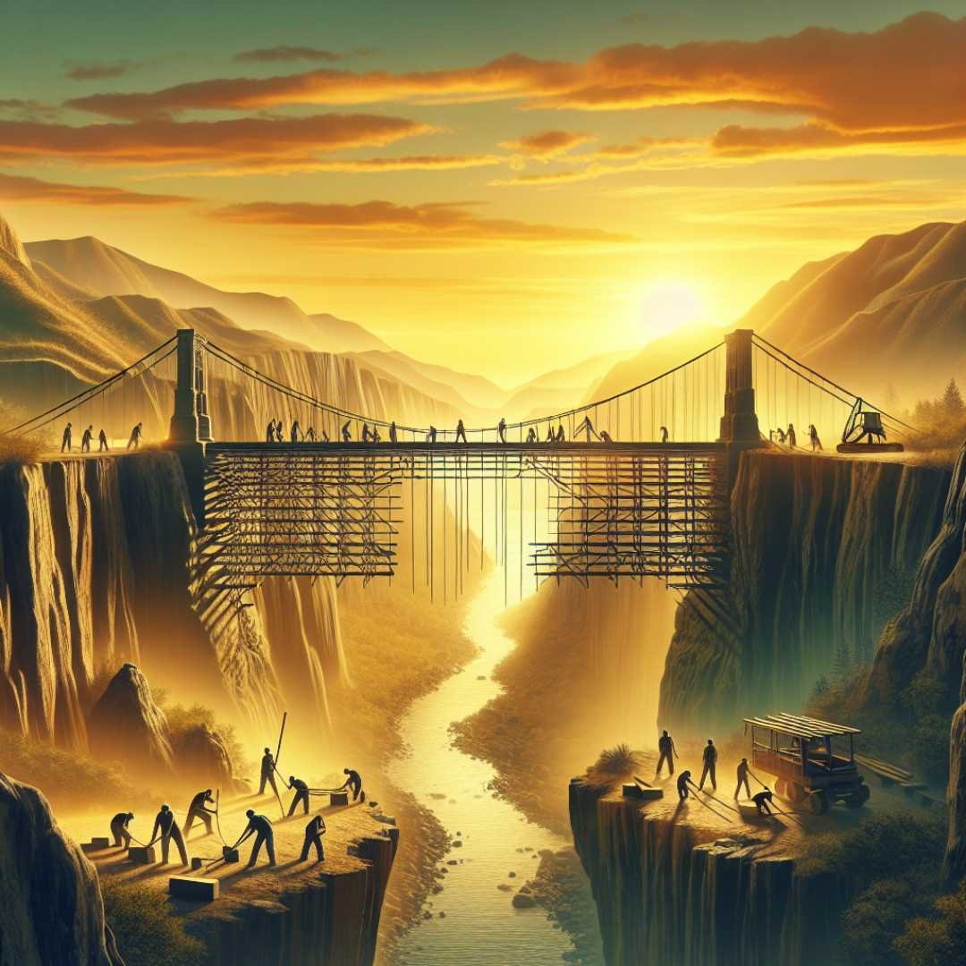 People rebuilding a golden bridge at sunset over a deep valley, symbolizing restoration after broken trust