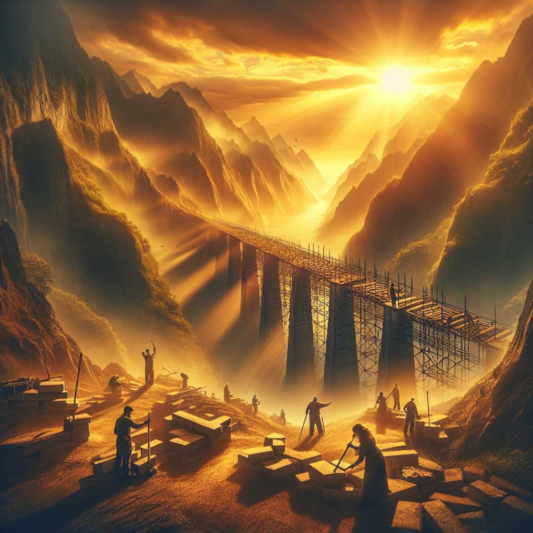 Bridge construction in rugged landscape with broken trust quotes representing perseverance in rebuilding trust.
