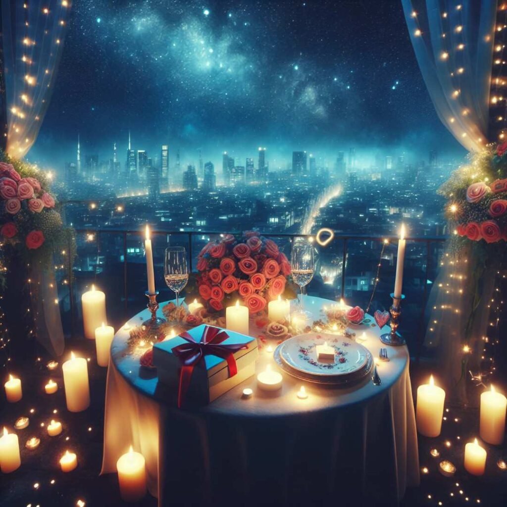Romantic candlelit dinner setup with city skyline view