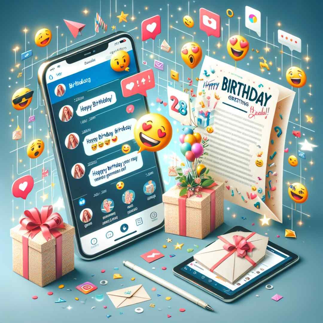 Digital birthday greetings with emojis, chat messages, and gift boxes