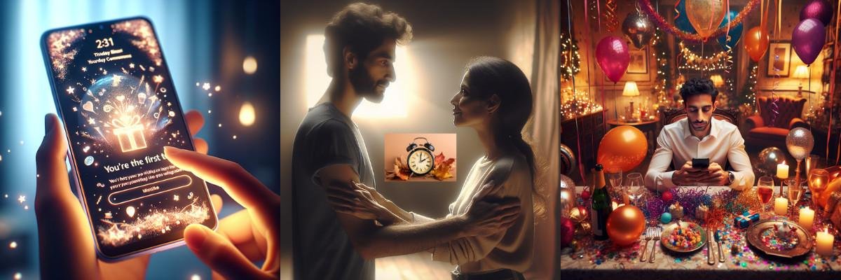 A romantic couple gazing into each other’s eyes with soft lighting, and a symbolic clock representing the countdown to the New Year.
