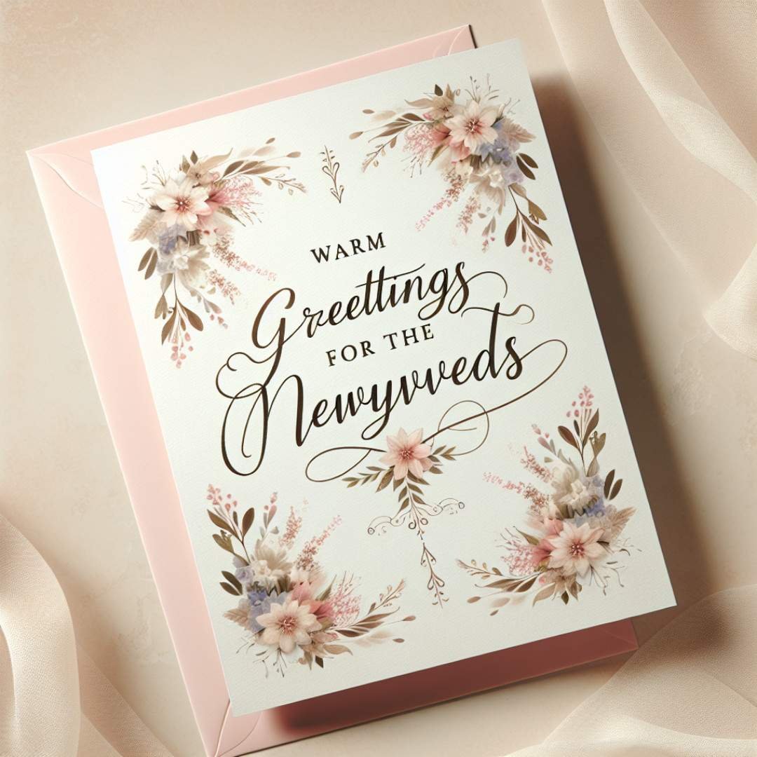Romantic floral greeting card for newlyweds with pink and cream blossoms