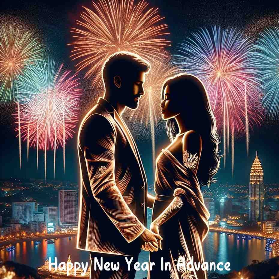 Romantic couple standing with fireworks in the background, wishing Happy New Year in advance