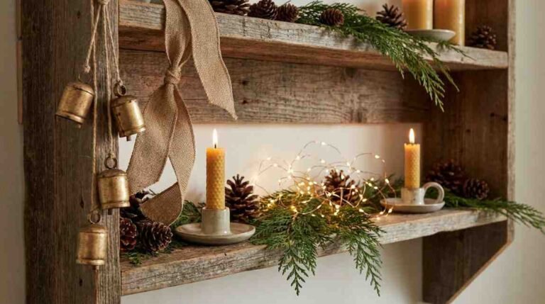 Christmas staircase and mantel decorated with ribbons and bells