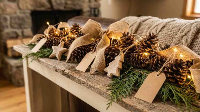 Rustic Christmas board decoration with pinecones and burlap ribbons
