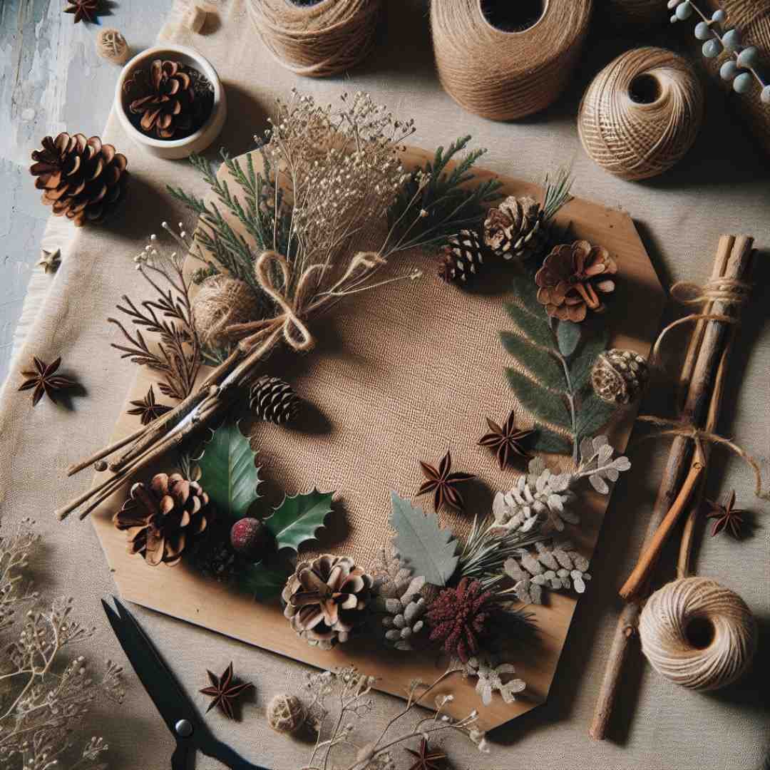 Christmas board decoration with rustic and natural elements like pinecones and burlap ribbons