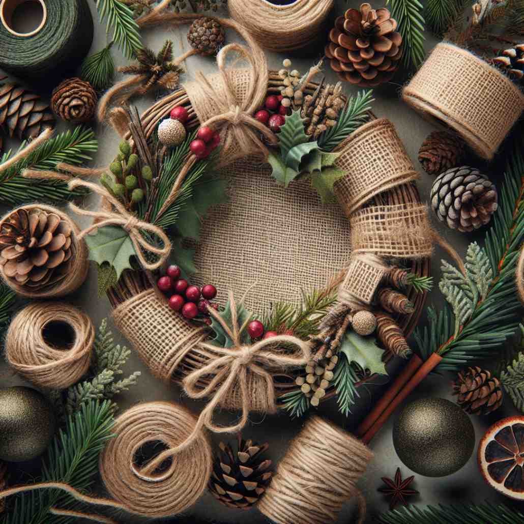 Rustic Christmas wreath made with twine, pinecones, and greenery.