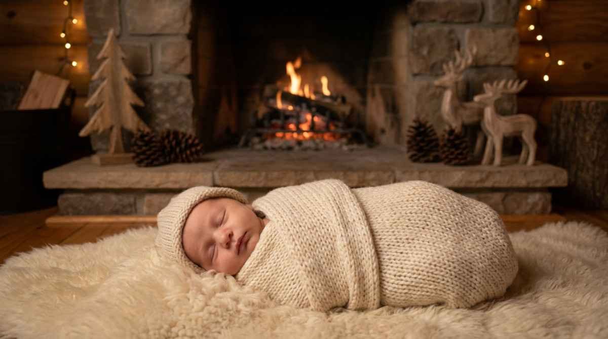 Rustic fireplace Christmas newborn photography idea