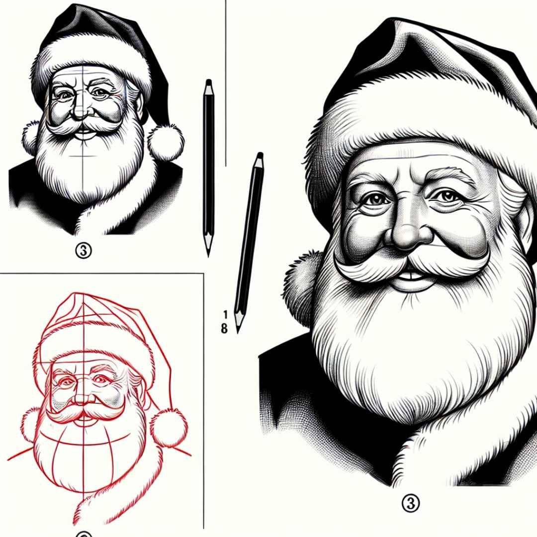 Santa Claus Sketch: "Illustration for 'how to draw Santa Claus' featuring a simple, instructional sketch of Santa in his classic red suit with a cheerful expression."