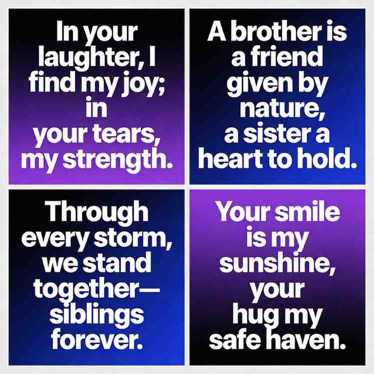 Heart touching emotional brother and sister quotes grid on dark gradient background with bold modern font
