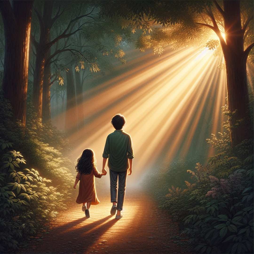 Brother and sister walking hand in hand through a forest with sunlight streaming through trees