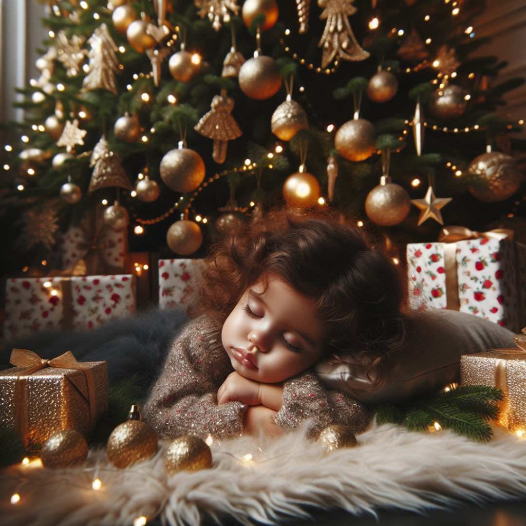 Christmas Tree Trimming newborn photoshoot with a baby reaching for baubles and lights.