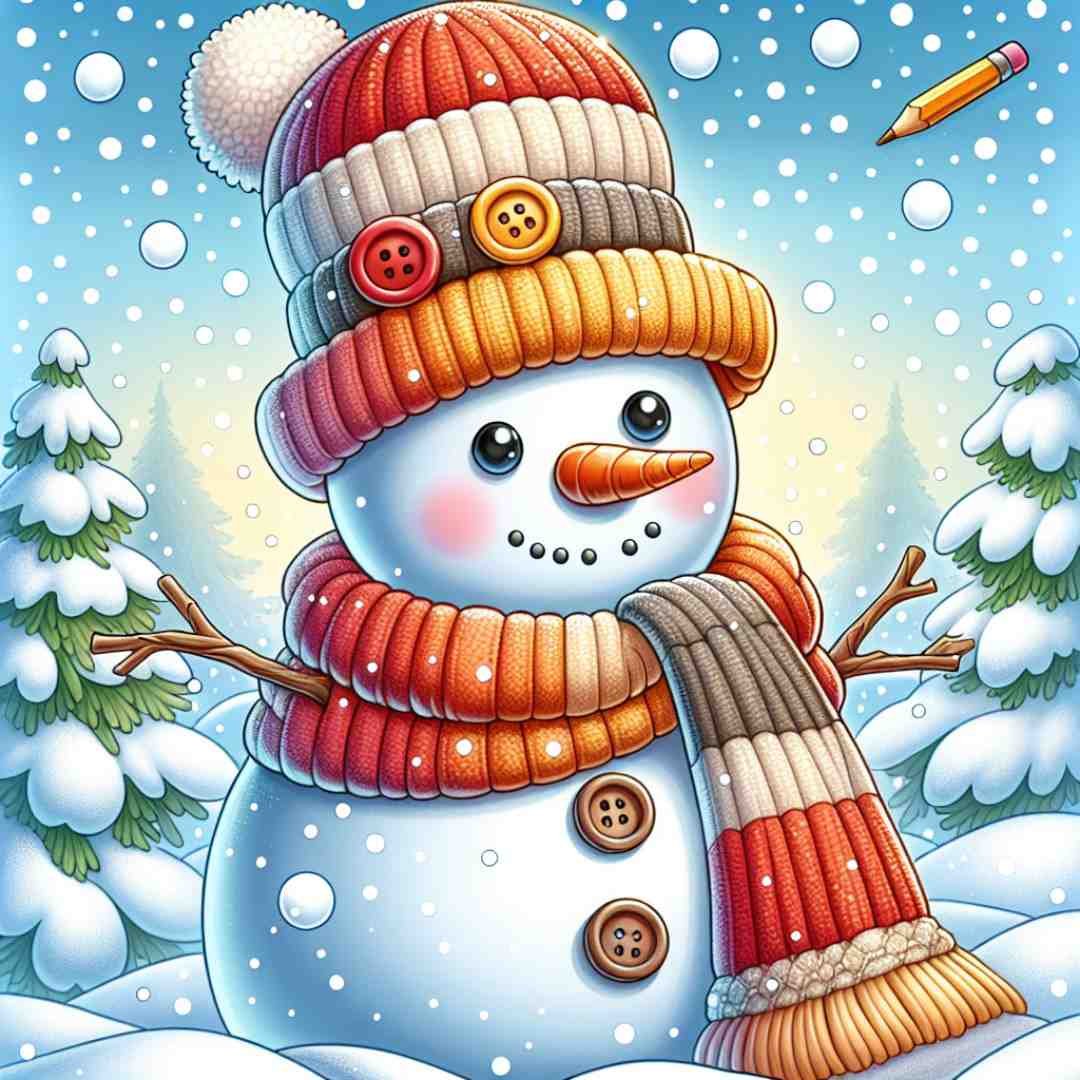 Cute snowman in a snowy winter landscape with a colorful scarf and hat.