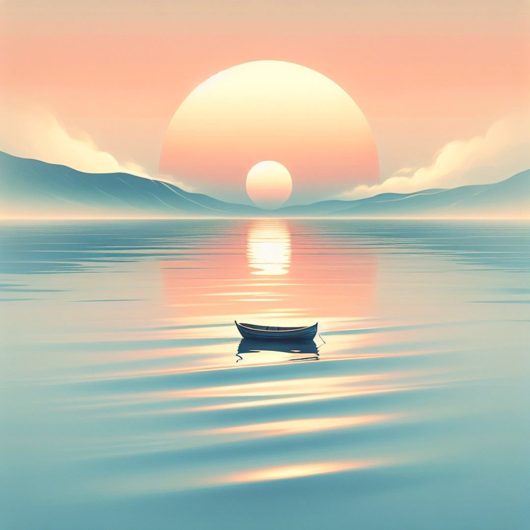 A small empty boat gently floating on a calm lake under a pastel sunset sky, evoking solitude and reflection.