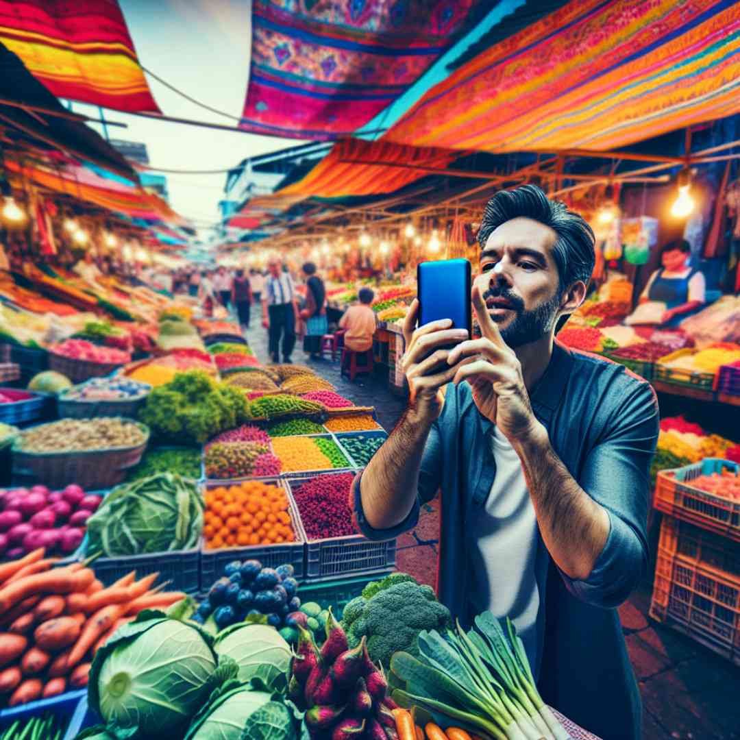Man exploring colorful street market alone while taking a photo