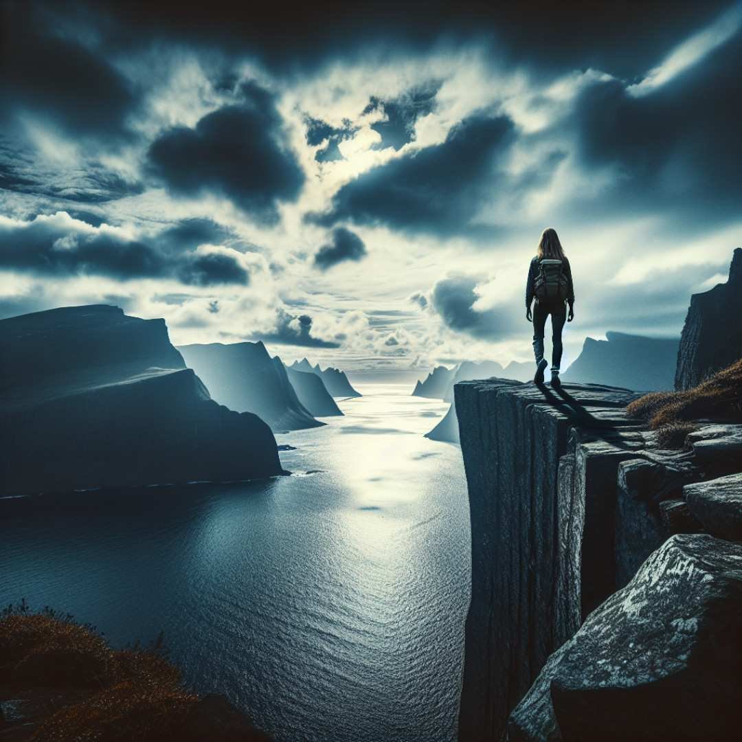 Person standing on cliff edge overlooking dramatic sea canyon at sunset