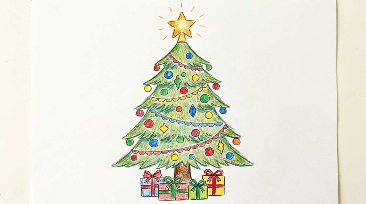 Star topped Christmas tree drawing for kids