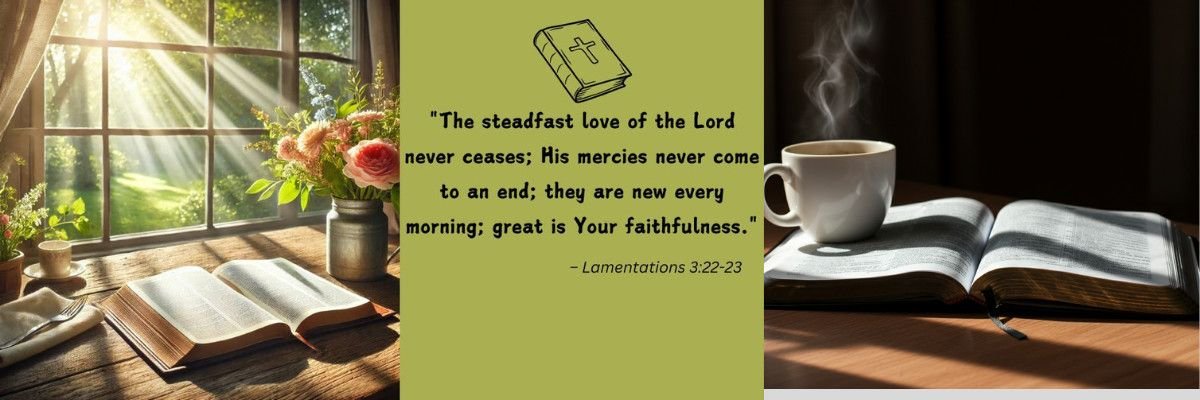 Bible verse from Lamentations 3:22–23 with coffee and Bible