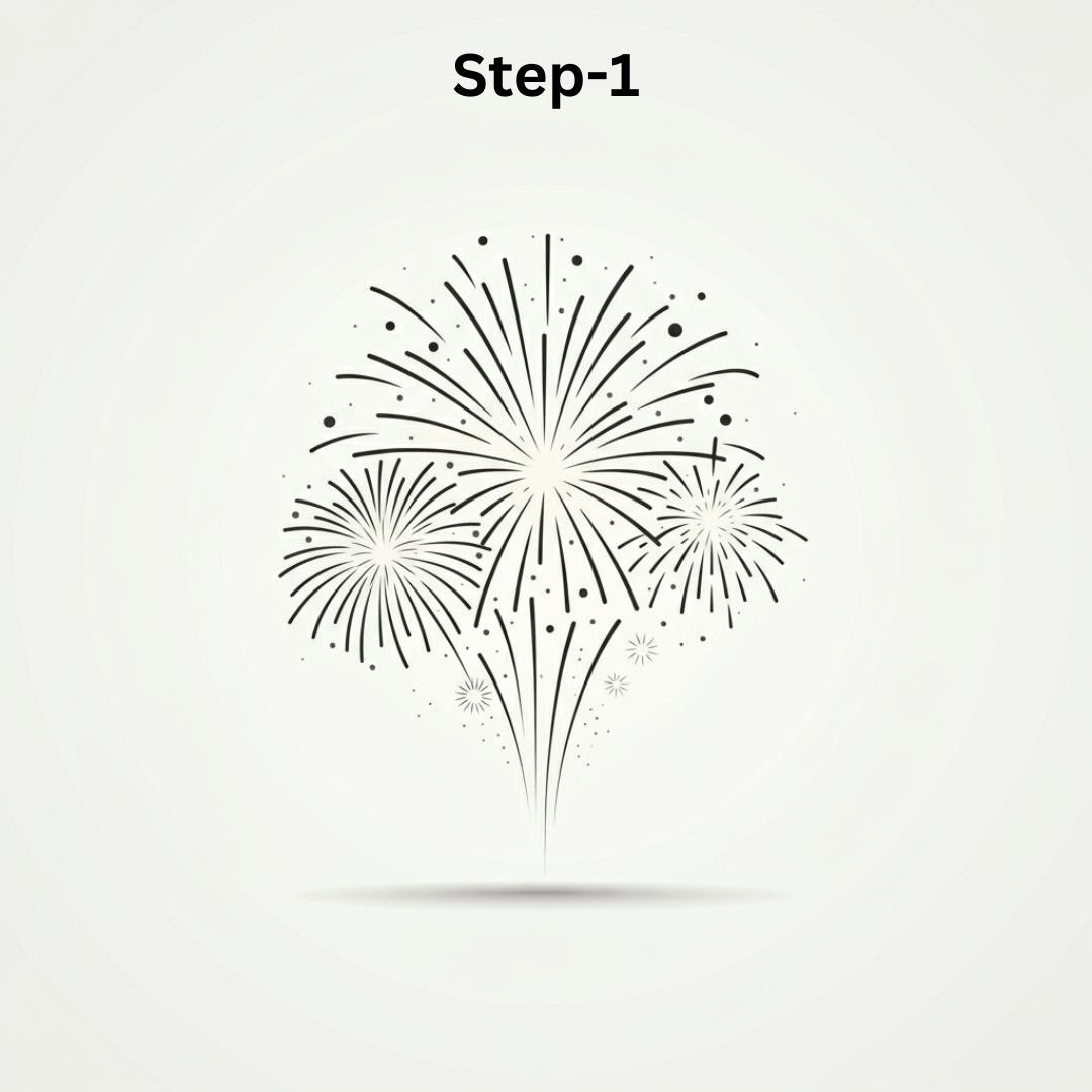 Step 1 of New Year drawing showing outline of three bursting fireworks