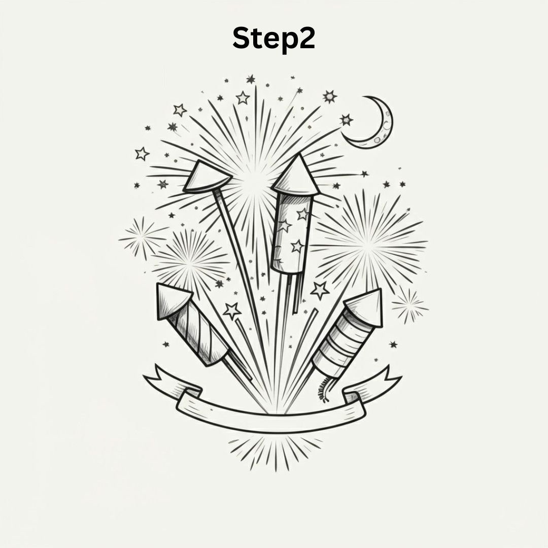 Step 2 of New Year drawing showing outline of rockets, fireworks, moon, and banner