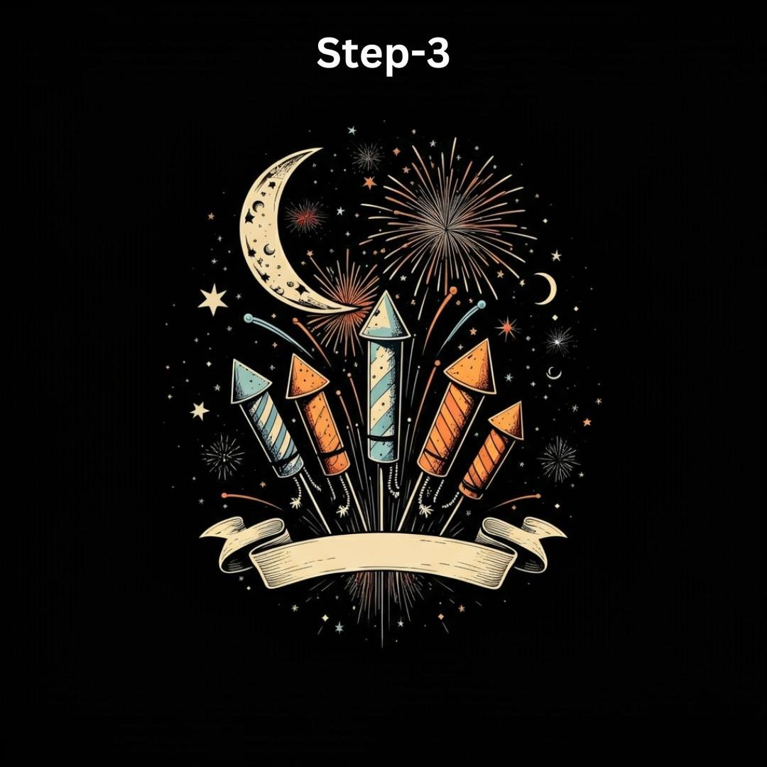 Step 3 of New Year drawing with rockets, moon, fireworks, and a banner