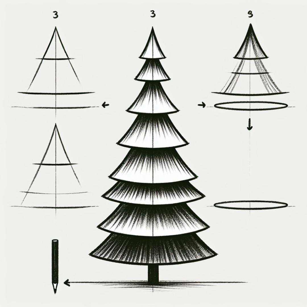 Step-by-step pencil drawing tutorial of a Christmas tree